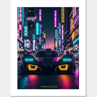 Dark Neon Sports Car in Japanese Neon City Posters and Art